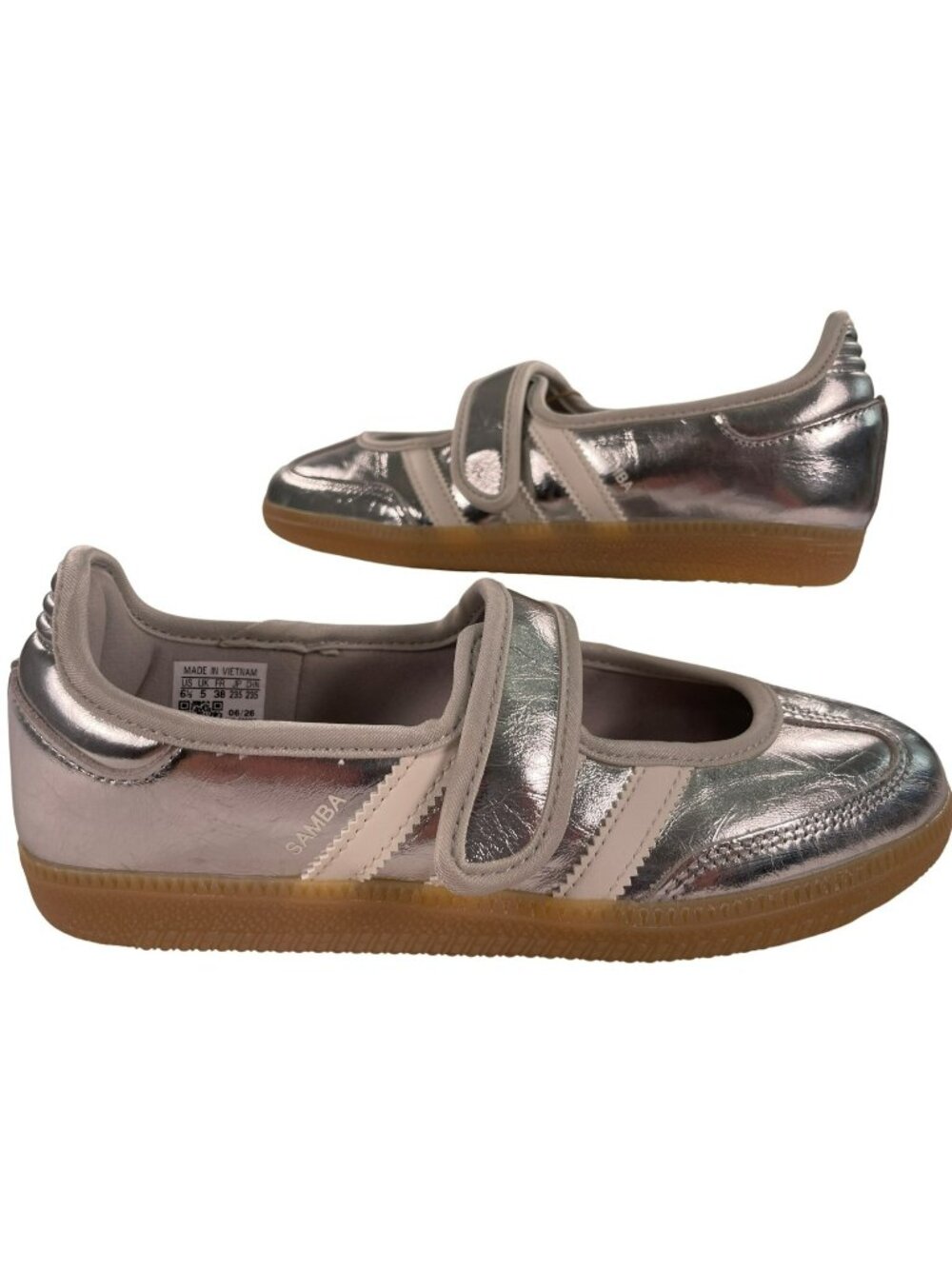Adidas Samba Jane W Metallic Silver Velcro Sneakers Women's Sz 6.5 NEW